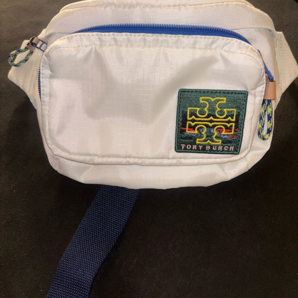 Tory Burch White Crossbody Belt Bag with Navy Strap and Multicolor Logo, worn 1